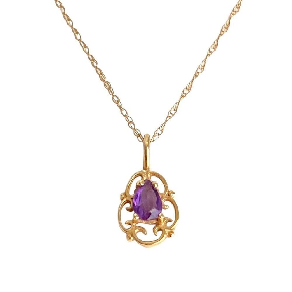 Vintage 14K Gold Amethyst Necklace Purple Scroll‎ Pendant Dainty 10k 18” Chain